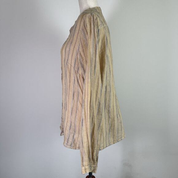 CP Shades Linen Button Up Blouse Size Small Yellow Striped Boho Ruffle Details - Picture 2 of 16
